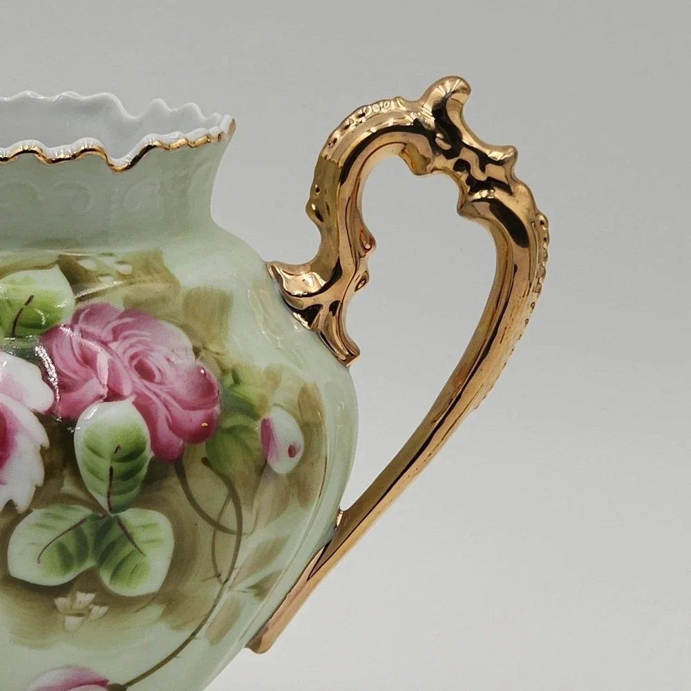Vintage Lefton Rose Pitcher Hand Painted Green Porcelain Gold Trim 796